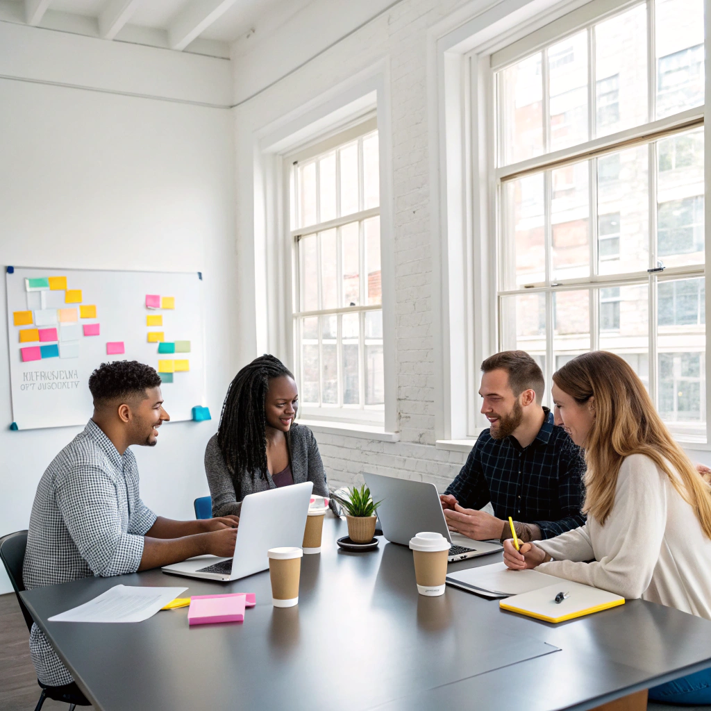 Group of professionals collaborating in a bright, open space